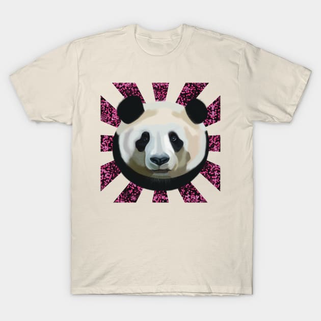 Striking Panda bear on Pink Random Spotted patterned sun rays T-Shirt by KateVanFloof